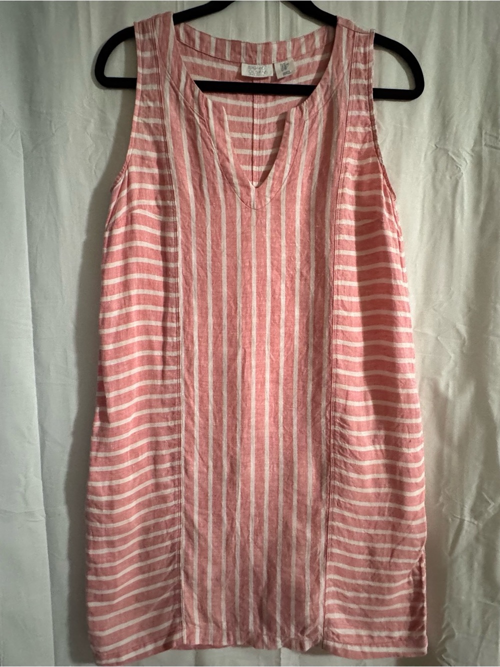 Sigrid Olsen 100% Linen Sleeveless Shift Dress Pink White Stripe Pockets Size XS